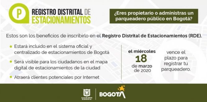 Este miércoles, 18 de marzo, vence plazo para que los parqueaderos públicos de Bogotá se inscriban en el Registro  Distrital de Estacionamientos (RDE)